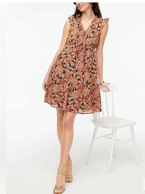 J.Crew Tropical Floral Ruffle V-neck Mini Dress Womens 16